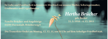 Traueranzeige von Hertha Brücher von Echo-Zeitungen (Gesamtausgabe)
