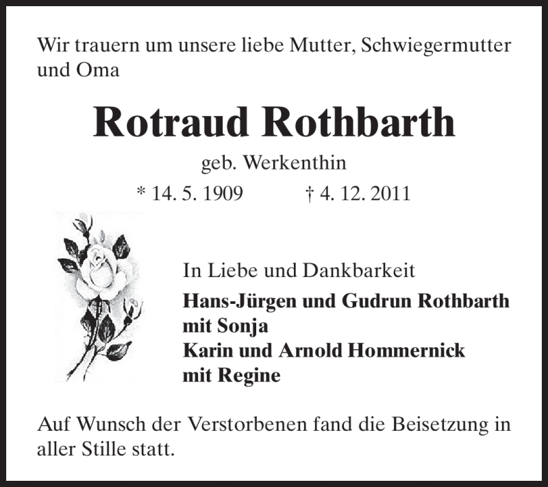  Traueranzeige für Rotraud Rothbarth vom 10.12.2011 aus Rüsselsheimer Echo, Groß-Gerauer-Echo, Ried Echo