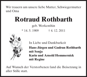 Traueranzeige von Rotraud Rothbarth von Rüsselsheimer Echo, Groß-Gerauer-Echo, Ried Echo