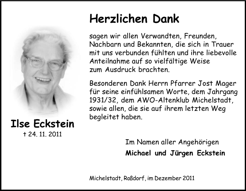  Traueranzeige für Ilse Eckstein vom 10.12.2011 aus Odenwälder Echo