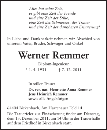 Traueranzeige von Werner Remmer von Echo-Zeitungen (Gesamtausgabe)