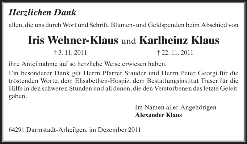  Traueranzeige für Iris und Karlheinz Klaus vom 10.12.2011 aus Echo-Zeitungen (Gesamtausgabe)
