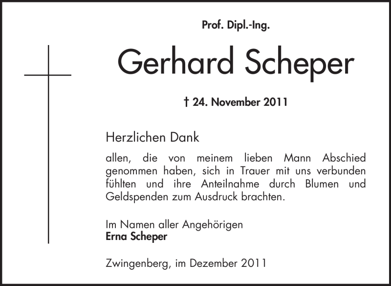  Traueranzeige für Gerhard Scheper vom 10.12.2011 aus Starkenburger Echo