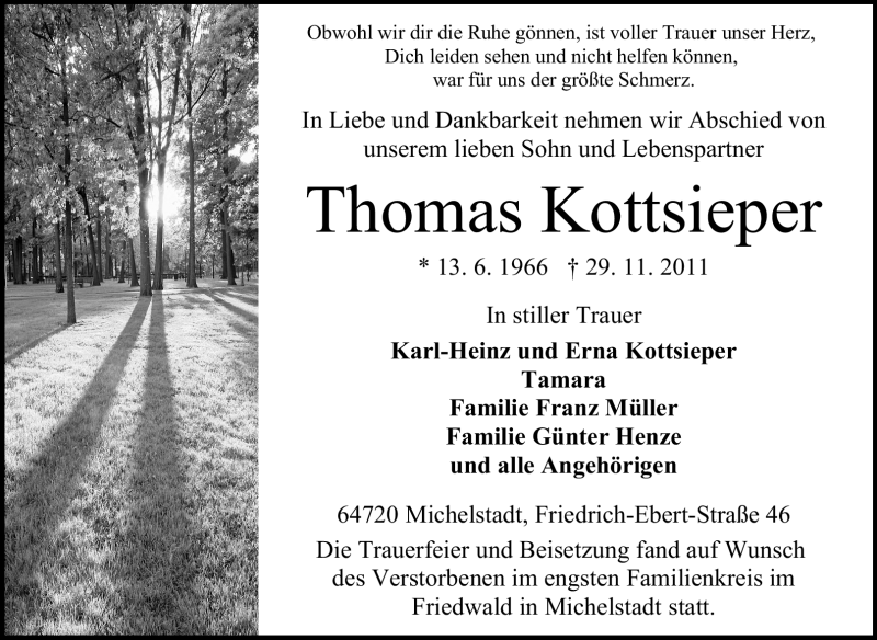 Traueranzeige für Thomas  Kottsieper vom 16.12.2011 aus Odenwälder Echo