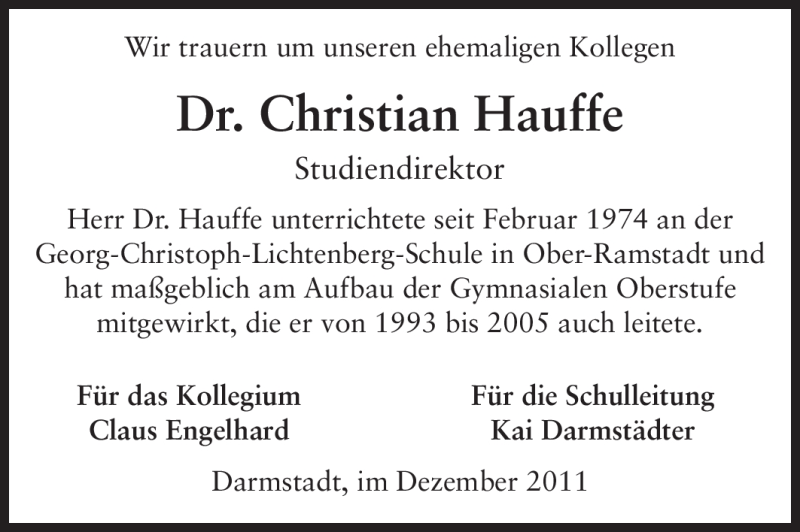  Traueranzeige für Christian Hauffe vom 10.12.2011 aus Echo-Zeitungen (Gesamtausgabe)