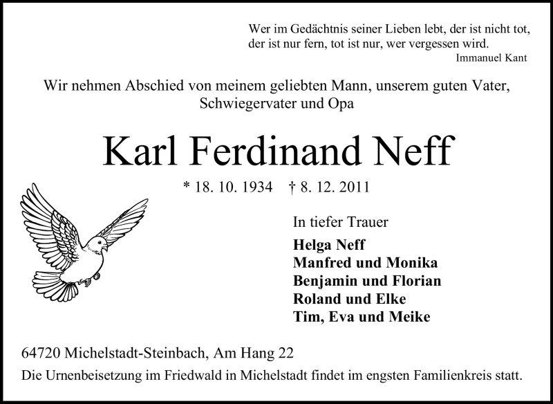 Traueranzeige für Karl Neff vom 10.12.2011 aus Odenwälder Echo