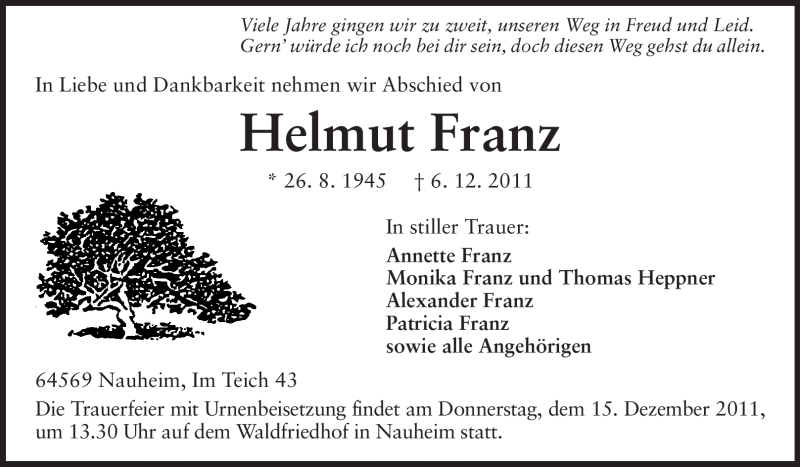  Traueranzeige für Helmut Franz vom 10.12.2011 aus Rüsselsheimer Echo, Groß-Gerauer-Echo, Ried Echo
