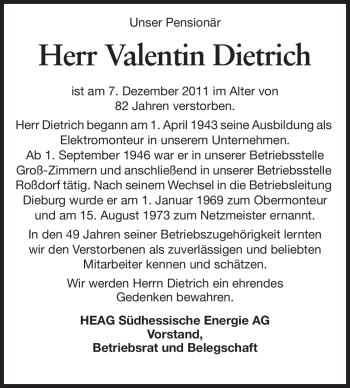 Traueranzeige von Valentin Dietrich von Darmstädter Echo, Odenwälder Echo, Rüsselsheimer Echo, Groß-Gerauer-Echo, Ried Echo