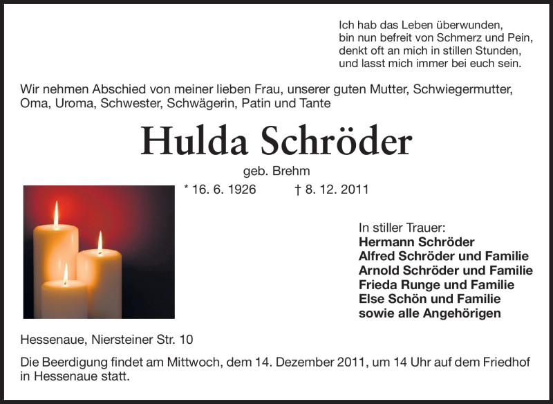  Traueranzeige für Hulda Schröder vom 12.12.2011 aus Rüsselsheimer Echo, Groß-Gerauer-Echo, Ried Echo