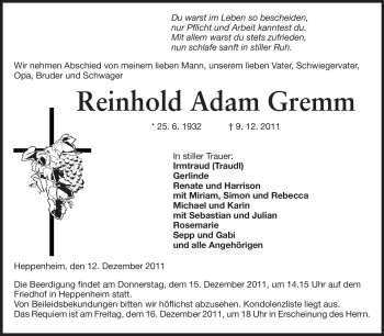 Traueranzeige von Reinhold Adam Gremm von Starkenburger Echo