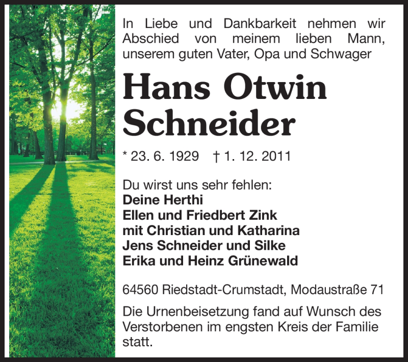  Traueranzeige für Hans Otwin Schneider vom 12.12.2011 aus Rüsselsheimer Echo, Groß-Gerauer-Echo, Ried Echo