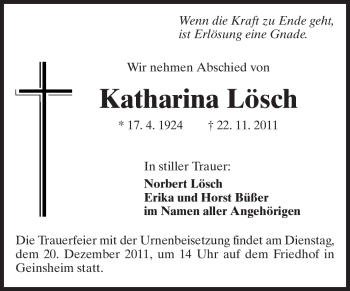 Traueranzeige von Katharina Lösch von Rüsselsheimer Echo, Groß-Gerauer-Echo, Ried Echo