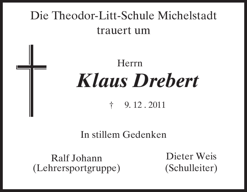  Traueranzeige für Klaus Drebert vom 17.12.2011 aus Odenwälder Echo