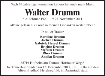 Traueranzeige von Walter Drumm von Echo-Zeitungen (Gesamtausgabe)