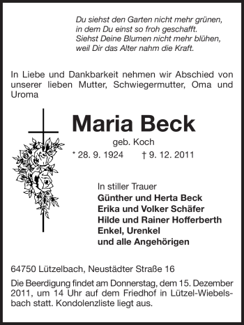 Traueranzeige von Maria Beck von Odenwälder Echo