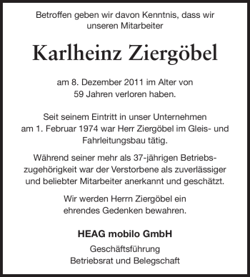 Traueranzeige von Karlheinz Ziergöbel von Echo-Zeitungen (Gesamtausgabe)