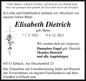 Traueranzeige von Elisabeth Dietrich von Odenwälder Echo