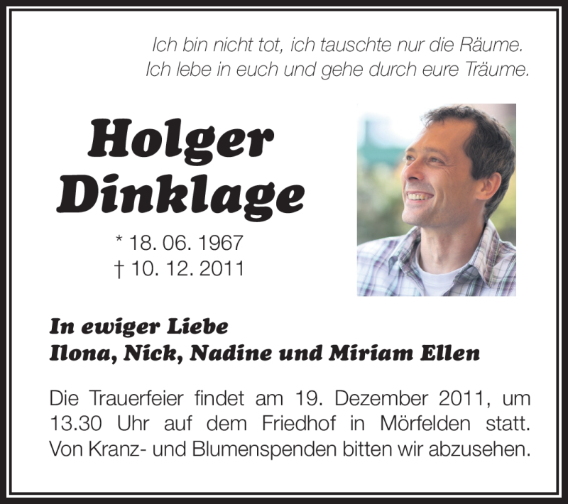  Traueranzeige für Holger Dinklage vom 14.12.2011 aus Rüsselsheimer Echo, Groß-Gerauer-Echo, Ried Echo