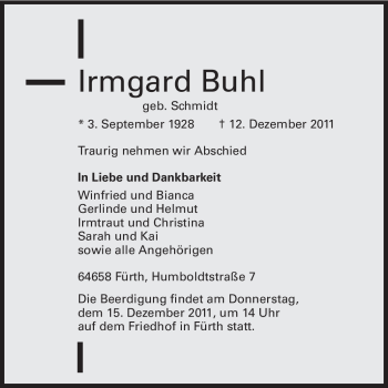 Traueranzeige von Irmgard Buhl von Starkenburger Echo