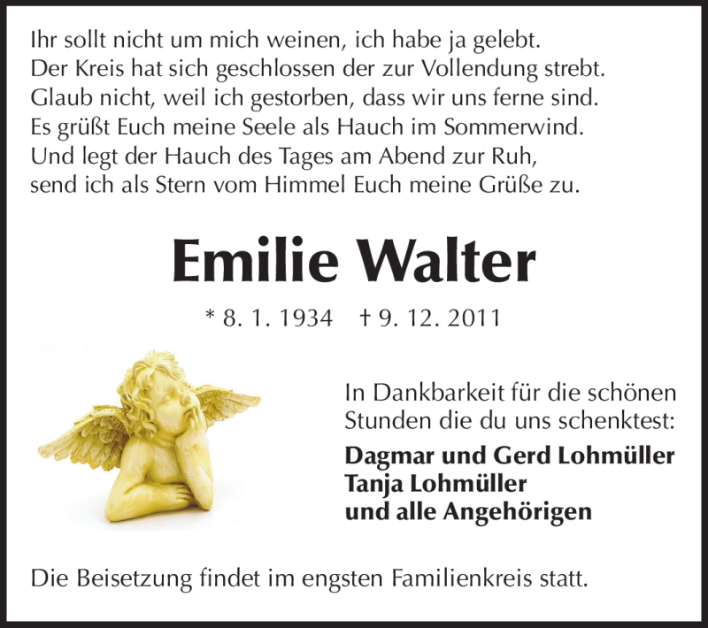  Traueranzeige für Emilie Walter vom 17.12.2011 aus Darmstädter Echo, Odenwälder Echo, Rüsselsheimer Echo, Groß-Gerauer-Echo, Ried Echo