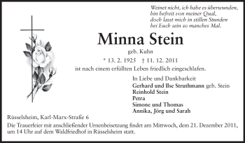 Traueranzeige von Minna Stein von Rüsselsheimer Echo, Groß-Gerauer-Echo, Ried Echo