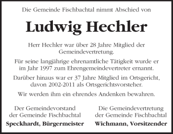 Traueranzeige von Ludwig Hechler von Echo-Zeitungen (Gesamtausgabe)