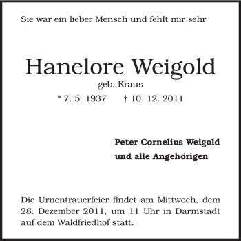 Traueranzeige von Hanelore Weigold von Darmstädter Echo, Odenwälder Echo, Rüsselsheimer Echo, Groß-Gerauer-Echo, Ried Echo
