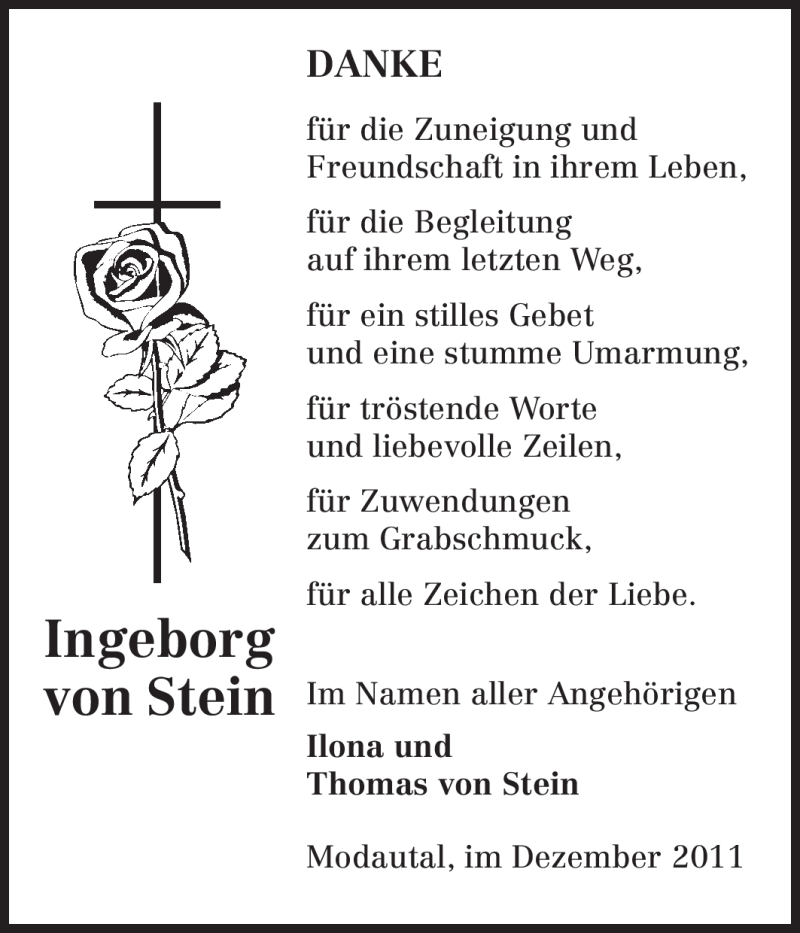 Traueranzeige für Ingeborg von Stein vom 17.12.2011 aus Echo-Zeitungen (Gesamtausgabe)