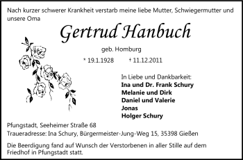 Traueranzeige von Gertrud Hanbuch von Darmstädter Echo, Odenwälder Echo, Rüsselsheimer Echo, Groß-Gerauer-Echo, Ried Echo