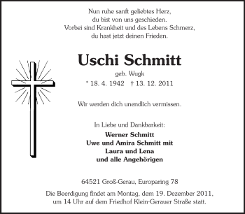 Traueranzeige von Uschi Schmitt von Rüsselsheimer Echo, Groß-Gerauer-Echo, Ried Echo