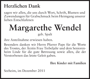Traueranzeige von Margarethe Wendel von Echo-Zeitungen (Gesamtausgabe)