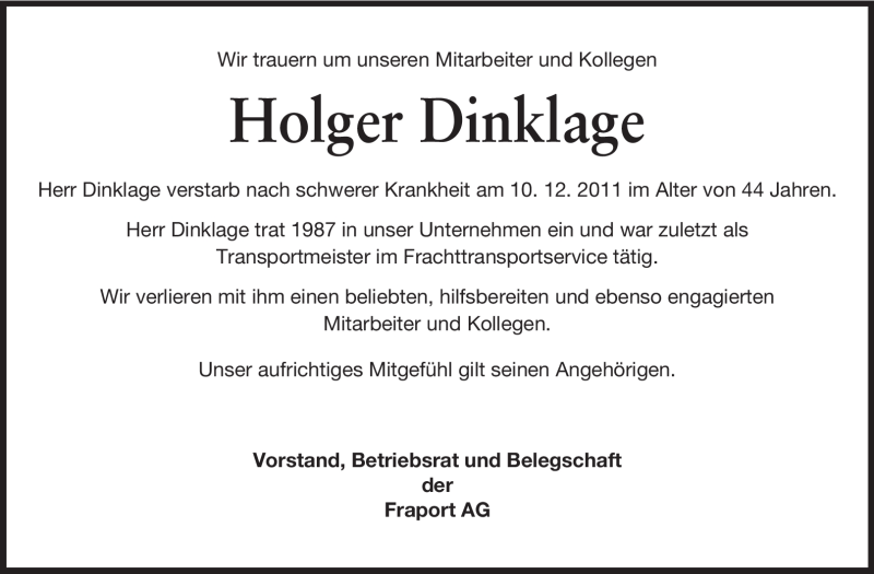  Traueranzeige für Holger Dinklage vom 16.12.2011 aus Rüsselsheimer Echo, Groß-Gerauer-Echo, Ried Echo
