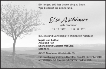 Traueranzeige von Else Astheimer von Rüsselsheimer Echo, Groß-Gerauer-Echo, Ried Echo