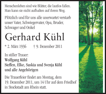 Traueranzeige von Gerhard Kühl von Rüsselsheimer Echo, Groß-Gerauer-Echo, Ried Echo