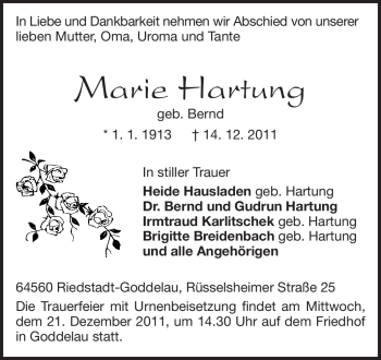 Traueranzeige von Marie Hartung von Darmstädter Echo, Odenwälder Echo, Rüsselsheimer Echo, Groß-Gerauer-Echo, Ried Echo