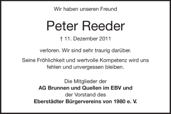 Traueranzeige von Peter Reeder von Echo-Zeitungen (Gesamtausgabe)