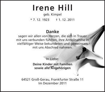 Traueranzeige von Irene Hill von Rüsselsheimer Echo, Groß-Gerauer-Echo, Ried Echo