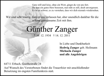 Traueranzeige von Günther Zanger von Odenwälder Echo