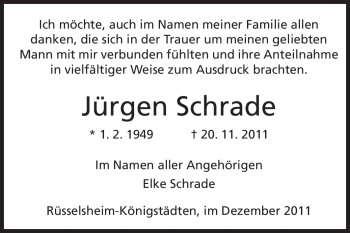 Traueranzeige von Jürgen Schrade von Rüsselsheimer Echo, Groß-Gerauer-Echo, Ried Echo