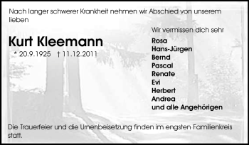 Traueranzeige von Kurt Kleemann von Echo-Zeitungen (Gesamtausgabe)