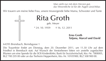 Traueranzeige von Rita Groth von Darmstädter Echo, Odenwälder Echo, Rüsselsheimer Echo, Groß-Gerauer-Echo, Ried Echo