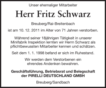 Traueranzeige von Fritz Schwarz von Odenwälder Echo