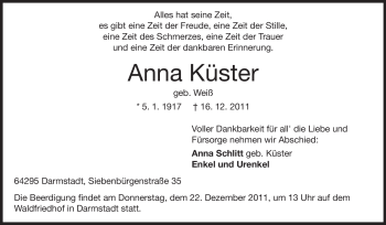 Traueranzeige von Anna Küster von Echo-Zeitungen (Gesamtausgabe)