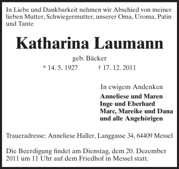 Traueranzeige von Katharina Laumann von Darmstädter Echo, Odenwälder Echo, Rüsselsheimer Echo, Groß-Gerauer-Echo, Ried Echo