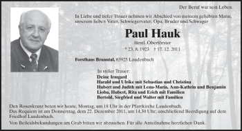 Traueranzeige von Paul Hauk von Odenwälder Echo