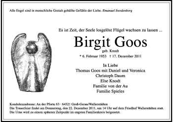 Traueranzeige von Birgit Goos von Rüsselsheimer Echo, Groß-Gerauer-Echo, Ried Echo