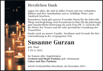 Traueranzeige von Susanne Gurzan von Darmstädter Echo, Odenwälder Echo, Rüsselsheimer Echo, Groß-Gerauer-Echo, Ried Echo