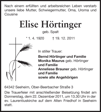Traueranzeige von Elise Hörtinger von Echo-Zeitungen (Gesamtausgabe)