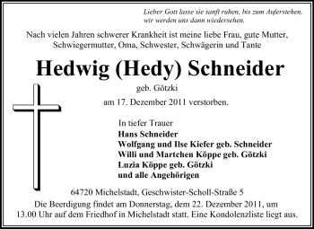 Traueranzeige von Hedwig Schneider von Odenwälder Echo