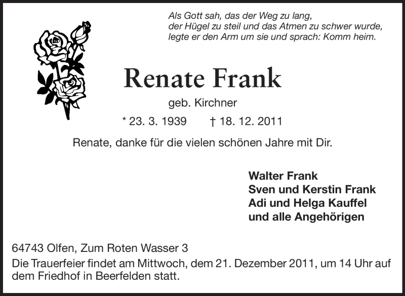  Traueranzeige für Renate Frank vom 20.12.2011 aus Odenwälder Echo